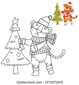 Coloring book with an example for children where a tiger decorates a Christmas tree. Amur tiger in a red hat and scarf.