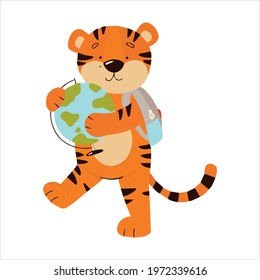 Coloring book with an example for children where a tiger with a globe and a backpack goes to school. Tiger cub in cartoon style.
