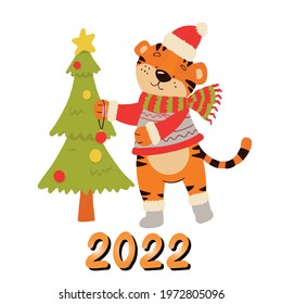 Coloring book with an example for children where a tiger decorates a Christmas tree. Amur tiger in a red hat and scarf.