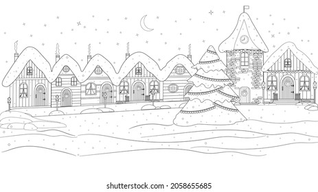 Coloring book. A fabulous, magical city on the night before Christmas, New Year. Snow-covered houses, a clock tower on winter street, squares. Urban winter landscape