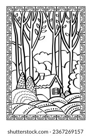 Coloring book with fairy forest and cottege, wooden house