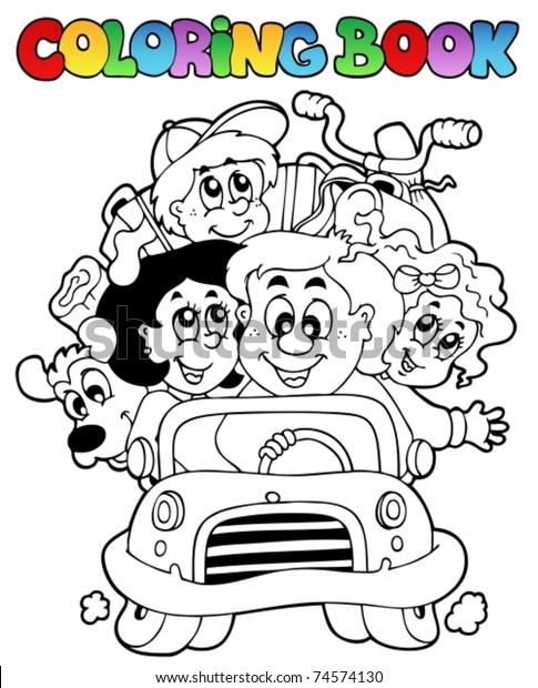 Coloring\
book with family in car - vector\
illustration.