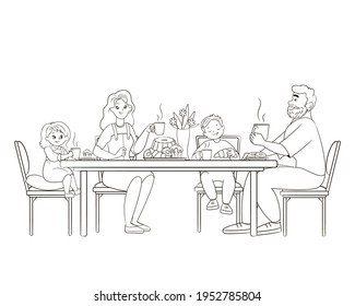 Coloring Book, Family Eating At A Large Table. Mom, Dad And Children Drink Tea And Eat Sweets. Vector Illustration For Children, Black White Line Art