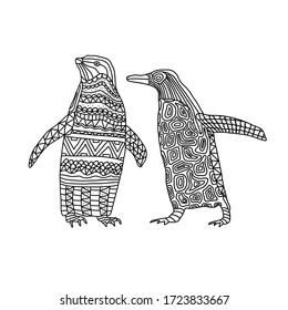 Coloring book of family of stylized cute penguin birds on an isolated white background. Anitstress and development for children and adults. Print on fabric, clothes, tattoo. Vector stock illustration.