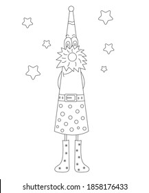 Coloring book. Fantasy character christmas gnome isolated on white background. Around stars. Christmas gnome vector