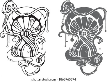 coloring book with a fantasy mushroom house