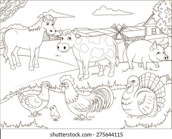 Coloring book farm cartoon educational illustration