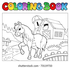 Coloring book with farm and horse - vector illustration.