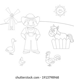 Coloring book with a farmer; a windmill and farm animals. Vector illustration for children in a simple cartoon style.