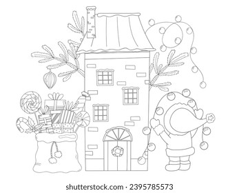 Coloring Book Features An Illustration Of A Christmas Gnome Decorating A House With Garland, With A Bag Of Gifts Standing Nearby On The Coloring Page