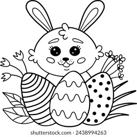 Coloring book featuring a cute Easter bunny from a cartoon with eggs and flowers. Coloring book for children. Vector illustration.
