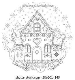 Coloring book. Festive, fabulous Christmas sweets. Gingerbread house, candy, gingerbread man. Template for Christmas, New Year cards, greetings, invitations, web.