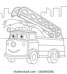 Coloring book fire engine car isolated on white background. Anti stress ilustration for kids with automobile