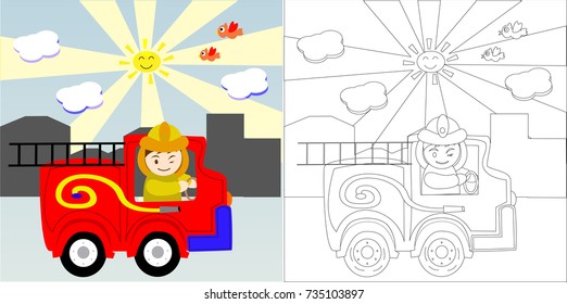 coloring book fire truck. vector cartoon illustration