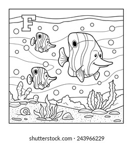 Coloring book (fish), colorless alphabet for children: letter F