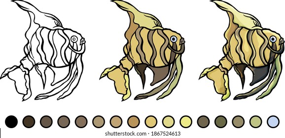 Coloring book, fish, yellow angel fish, white background, cartoon style, doodle, flat style, isolated, aquarium, underwater life, sea, ocean, zoo, coloring, for children, education, childhood, example