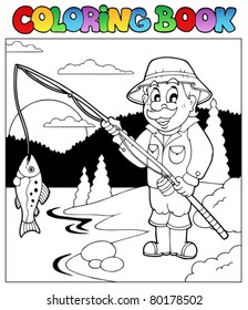 Coloring book with fisherman 1 - vector illustration.