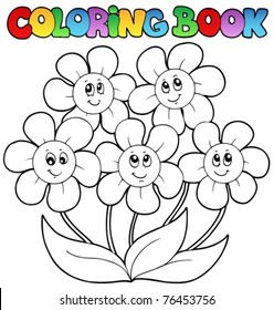 Coloring Book With Five Flowers - Vector Illustration.