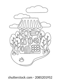 Coloring book of flat art nouveau house. House with unusual windows. Landscape with trees and clouds. Coloring book for school children with easy educational game level. EPS 10