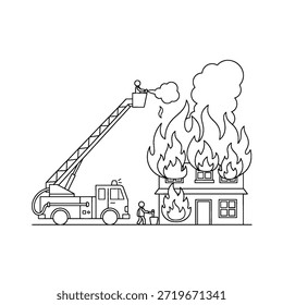 Malbuch Flache Illustration eines Feuerwehrmannes, der ein brennendes Haus mit einem Wasserschlauch neben einem Feuerwehrauto löscht, symbolisiert Notfallmaßnahmen, Rettungsdienste und Brandschutz.
