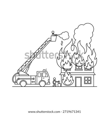 Coloring Book  Flat illustration of a firefighter extinguishing a burning house with a water hose next to a fire truck, symbolizing emergency response, rescue services, and fire safety.
