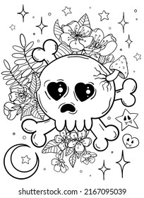 Coloring Book Flor Adutls. Coloring Book For Halloween. Skull And Bones. Kawaii Horror