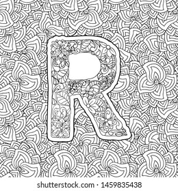 Coloring Book Floral Ornamental Alphabet, Initial Letter R Font. Vector Typography Symbol. Antistress Page for Adults and Monograms Isolated Ornament Design on Patterned Background