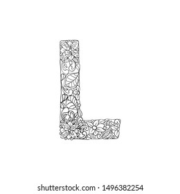Coloring Book Floral Ornamental Alphabet, Initial Letter L Font. Vector Typography Symbol. Antistress Page for Adults and Monograms.Isolated Poster or Cover Design