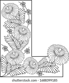 Coloring Book Floral Ornamental Alphabet, Initial Letter L Font. Vector Typography Symbol. Antistress Page for Adults and Monograms.Isolated Poster or Cover Design