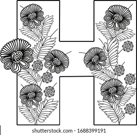 Coloring Book Floral Ornamental Alphabet, Initial Letter H Font. Vector Typography Symbol. Antistress Page for Adults and Monograms.Isolated Poster or Cover Design