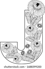 Coloring Book Floral Ornamental Alphabet, Initial Letter J Font. Vector Typography Symbol. Antistress Page for Adults and Monograms.
