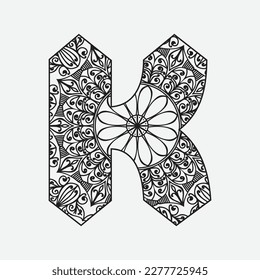 Coloring Book Floral Ornamental Alphabet, Initial Letter k Font. Vector Typography Symbol. Antistress Page for Adults and Monograms.Isolated Poster