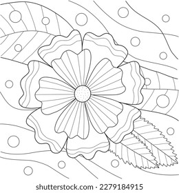 Coloring book with flower and abstract lines. Black white square vector illustration.