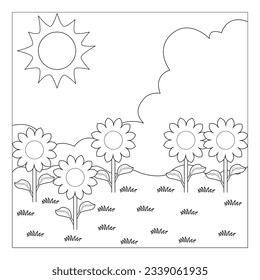 Coloring book with flower. Summers coloring book for kids. Vector black line illustration.