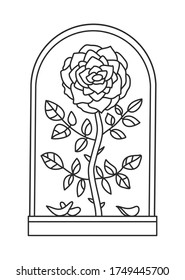 Coloring book with flowers for adults and children. A graceful rose in a glass flask with falling leaves. Line art in vector coloring book