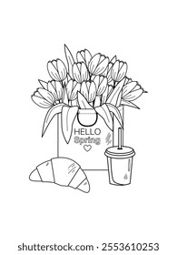 Coloring book flowers bouquet of tulips with cup of coffee and croissant.Hello Spring.Vector illustration isolated on white background.coloring book adults, children, kids, girls.Fashion Outline