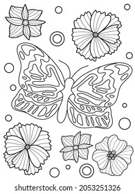 Coloring book with flowers and cute butterflie on an isolated background. Vector eps 10 illustration.