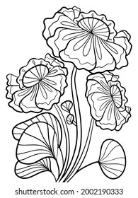 libro de colores flores fantasía plantas contorno infarto ilustración vectorial boceto en fondo blanco dibujar manos postal página gráfica anti estrés