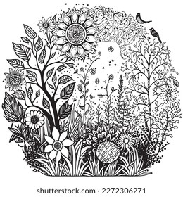 Coloring book with flowers, fruits. Hand drawn zentangle and mandala style.