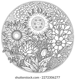 Coloring book with flowers, fruits. Hand drawn zentangle and mandala style.