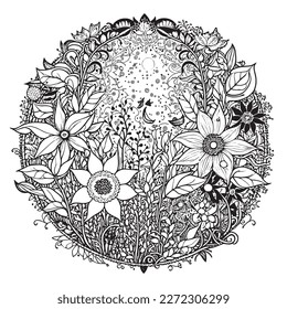 Coloring book with flowers, fruits. Hand drawn zentangle and mandala style.