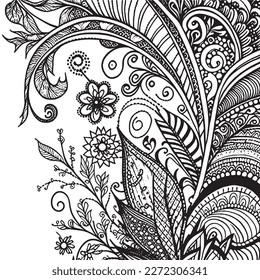Coloring book with flowers, fruits. Hand drawn zentangle and mandala style.
