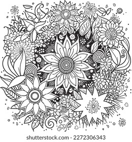 Coloring book with flowers, fruits. Hand drawn zentangle and mandala style.