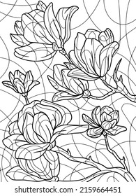 Coloring book flowers, magnolia. Black stroke, white background.