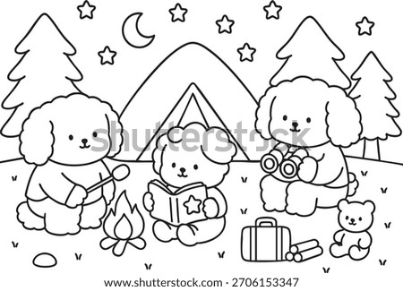 Coloring book Fluffy Dog Camping Adventure Art Hand Draw