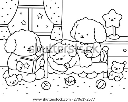  Coloring book Fluffy Dog Nighttime cozy Art Hand Draw