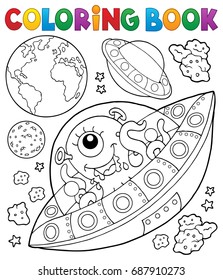 Coloring book flying saucers near Earth - eps10 vector illustration.