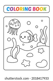 Coloring book fod kids, fish and jellyfish vector