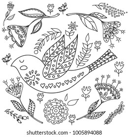 Coloring book fol adults. Folk set vector blask and whit illustration with beautiful birds and flowers. Scandinavian style