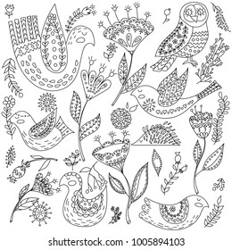 Coloring book fol adults. Folk set vector blask and whit illustration with beautiful birds and flowers. Scandinavian style